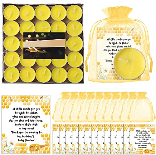 Amyhill Beeswax Tea Light Candle Set - 100 Pieces Unscented Baby Shower Party Favor with Cute Bee Theme - Includes Cards & Organza Bags