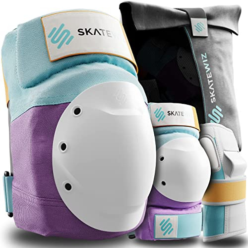 SKATEWIZ Adult Knee Pads, Skate & Skateboarding Wrist Guards for Skating Adult with Elbow Pads - Skateboard Protective Gear - Shield - Size M Lavender Blue - Roller Skates, Inline Skates