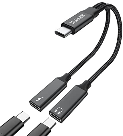 TRANLIKS Adapter Dual USB C, USB C Splitter mit PD 60 W Audiokabel Aux Schnellladung für 15/16 – Schwarz