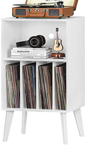 Lerliuo Record Player Stand, White Turntable Stand Holds up to 160 Albums, Mid-Century Vinyl Storage Cabinet Table with Solid Wood Legs, Record Player Holder Dispaly Shelf for Bedroom Living Room