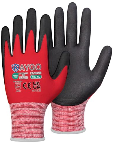 KAYGO Safety Work Gloves MicroFoam Nitrile Coated 12 Pairs, KG18NR | 15G Seamless Knit Nylon Liner, Breathable, High Dexterity, Non-Slip Grip in Oily for Warehouse, Automotive, DIY (Red, XL)