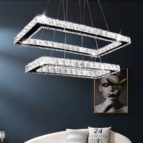 Finktonglan Lámparas de araña de cristal, rectangulares 2 anillos Luz de la isla colgante LED moderna, altura ajustable Luz colgante para el comedor Room Room (White Cool White 6000K)