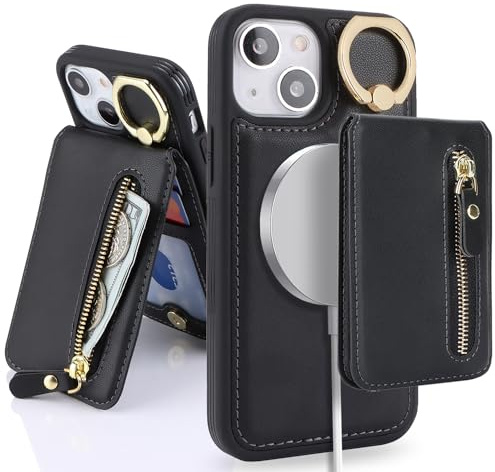 SailorTech iPhone 13 Mini Phone Leather Case with Credit Card Holder Magsafe, iPhone 13 Mini Case Ring Stand with Kickstand Card Slots Wallet Detachable 2-in-1 Zipper Case - Black