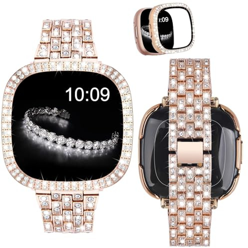 VISOOM Armband kompatibel mit Fitbit Versa 4/Versa 3/Sense 2/Sense mit Schutzhülle, Damen Elegantes Keine Lücke Metallarmband und Gehäuse mit Glitzer Diamanten