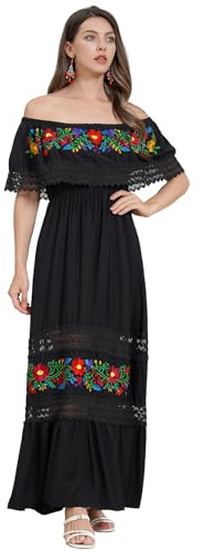 Mexican Dress for Women Floral Embroidered Dress Off Shoulder Long Maxi Dress Traditional Ethnic Cinco De Mayo Fiesta Party Outfit Summer Beach Holiday Vacation Boho Dress Black L