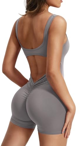 ZAAYO Damen Workout Jumpsuits Shorts Sexy Backless Gym Bodycon Scrunch Butt Yoga Bodycon One Piece Full Body Suit Stretch Elegant Jumpsuits Grau Large