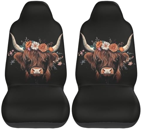 LOJAOGON Highland Cow Car Seat Covers 2 Pcs Set Vehicle Front Seats Protector Auto Interior Accessories Protetors Car Mat Covers Universal fit for Cars Trailer RV SUVs Trucks Vans