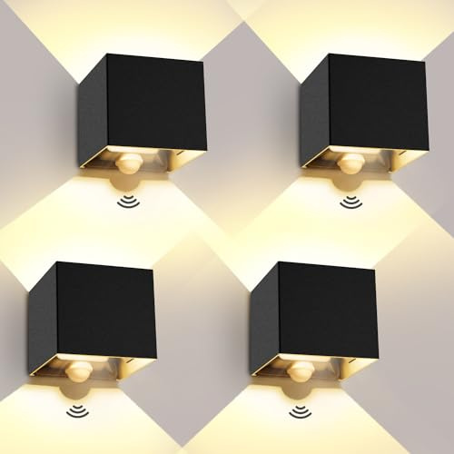 ledmo 4er-Pack 20W LED Wandleuchte mit Bewegungsmelder, Licht oben/unten | 2000 lm, 3000K Warmweiß, IP65 für außen/innen, 0–120° verstellbarer Lichtkegel – Außenlampe für Eingang, Terrasse und Garten