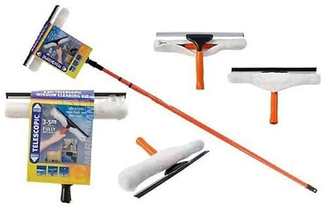 TJC 3.5M / 11 Feet Telescopic Extending Window Cleaner Kit - Soft Head Window Squeegee Car Glass Cleaning Equipment - Rubber Mop Long Aluminum Metal Pole Long Handle - Adjustable 180 Degrees