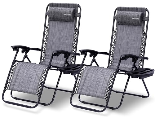 SereneLife Set de 2 Chaises Pliantes - Chaise Longue Réglable pour Extérieur avec Table Latérale, Porte-Gobelets, Oreillers Amovibles - Patio, Jardin, Plage - Couleur Charbon