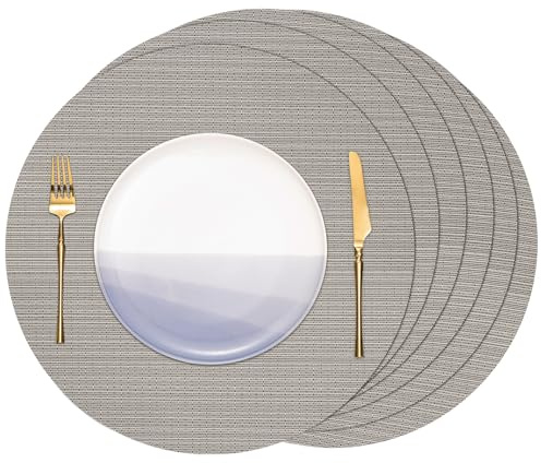 Banchif Platzsets abwaschbar Tischsets abwaschbar Rund 38 cm Platzdeckchen | Platzsets abwaschbar 6er Set Platzdeckchen PVC Rund rutschfest Tischsets abwischbar gewebte Vinyl (Silber Gold)