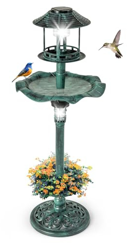 SOARS Vogeltränke Stehend, 3 in 1 Vogelbad mit Solarleuchte(Grün) | Bird Bath mit Blumentopf & Vogelfutterhaus inkl. 3 Befestigungsnägels, Futterstation winterfest für Balkon, Garten & Wald