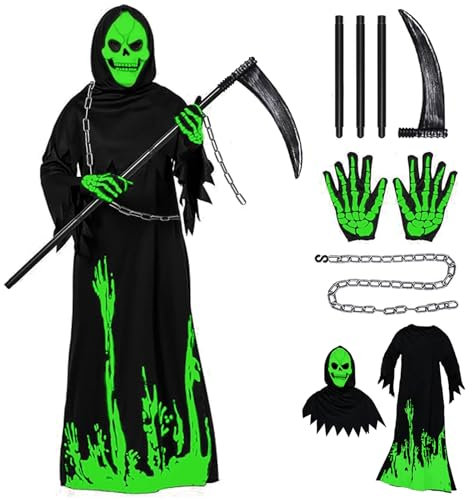 DaengGeGe Costume Mietitore,Luminoso Costume Morte Bambino,Costume morte Bambino,Costume Falce Tristo Mietitore Mantello con Cappuccio Guanti Falce Decorazione di Carnevale Festa Cosplay(L