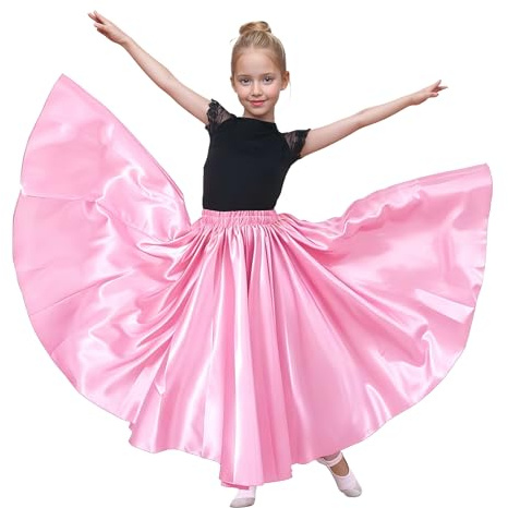 Baisdan Gonna per Danza del Ventre per Ragazze, Gonna Lunga in Raso Cerchio Completo per Danza del Ventre, Costume da Ballo Flamenco,Rosa 8-12 Anni