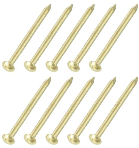 sourcing map 10Pcs Small Hardware Nails, 4D x 1-1/2 Brass Round Head Nail Common Finishing Nail for Household Woodworking Picture Hanging DIY Projects, Gold