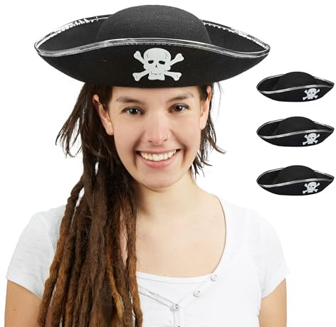 Relaxdays Chapeau de Pirate, Lot de 4, Hommes et Femmes, Accessoire de déguisement, tricorne, Polyester, Noir/argenté