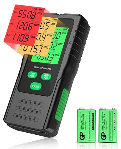 EMF Messgerät 3-in-1, YOJOCK tragbarer Strahlungsdetektor für EF, MF & RF Signale, inkl. zusätzlicher Batterie und deutscher Anleitung EMF Strahlungsmessgerät für Zuhause, Büro und Outdoor (Grün)