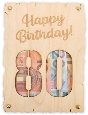 Kreative Feder Glückwunsch-Karte zum 80. Geburtstag aus Holz - „Happy Birthday“ – DIY Holzkarte für Geldgeschenke; Größe ca. 14,6 x 19,7cm (80. Geburtstag)