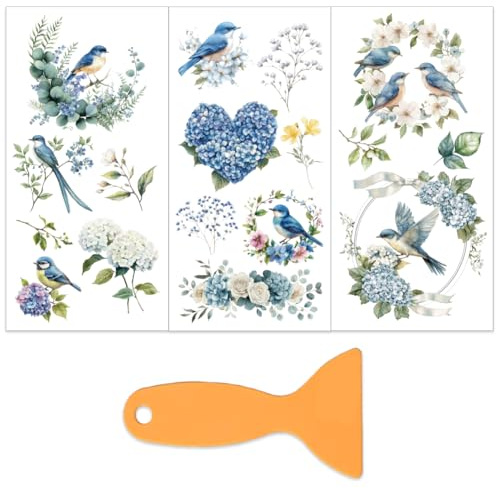 OLYCRAFT 3 piezas/juego Pájaro Azul con Hortensia Calcomanías de Transferencia para Frotar en Muebles y Manualidades 15x30cm Calcomanía de Transferencia de Muebles Naturales Pegatinas Calcomanías de