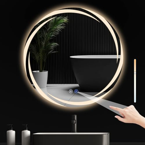 Mursche Espejo Baño con Luz LED - Redondo 60cm Espejos Regulable en 3 Colores Pared Corpo Inteiro de Brillo con Memoria e Interruptor Casa de Banho Táctil