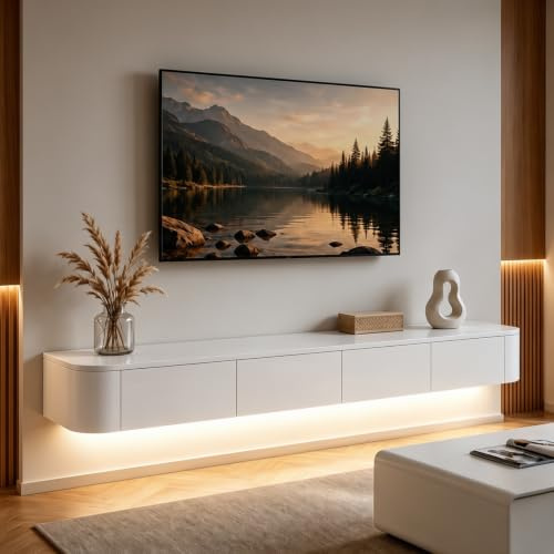 Ribanedy Modernes Schwebendes TV-Regal mit LED-Beleuchtung | Wandmontierte Unterhaltungsmedien-Konsole | Großes Aufbewahrungs-TV-Bank für Wohnzimmer & Büro (Weiß, 160cm)