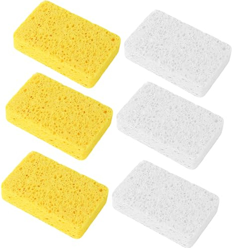CZAKOMIX 6 pezzi Assorbente Spugne per Polpa di Legno, Spugne da Cucina per Piatti, Riutilizzabile Cucina Pulizia Spugna per Casa, Pentole, Bagno, Uso Quotidiano Casa Auto(Giallo,Bianco)