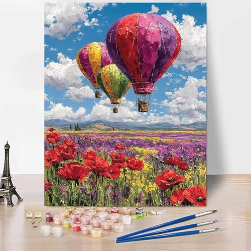Landscape Paint by Numbers for Adults, DIY Paint by Numbers Hot Air Balloon, Canvas Oil Painting Kit with 3 Paintbrushes, Acrylic Pigment Drawing Paintwork, Gifts 16x20 inch Without Frame -XY58A