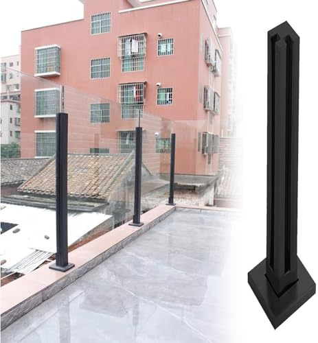Black Metal Stair Railing Handrail - Safety Glass Balcony Guardrail Post System, 90/95/105cm Tall Balustrade for Garden Loft, Includes Square Baluster Fence Clamp Kit