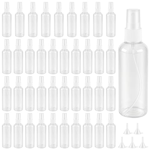 PUCSIQ 40 Botes Spray Pulverizador 100ml Transparente PET con 5 Embudos, Atomizador Rellenable para Perfume, Aceites Esenciales, Cosméticos y Viaje