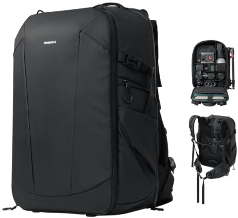 AMBITFUL Grande zaino per fotocamera DSLR/SLR, mirrorless, ergonomico, sospeso, professionale, zaino per fotografia all'aperto, impermeabile, con supporto per treppiede e scomparto per laptop, nero