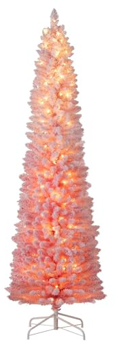 COSTWAY 5FT/6FT Pre-Lit Artificial Christmas Tree, Slim Pencil Xmas Tree with Branch Tips and LED Lights, Xmas Holiday Office Home Decor (180 cm, Pink-with Warm White Lights)