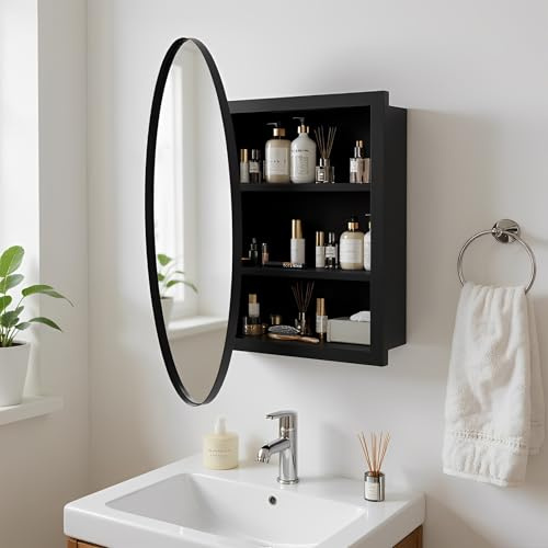 ChromaCasa Spiegelschrank Bad mit Metallrahmen für die Wand, 36.5 x 52 cm, Abgerundeter rechteckiger Spiegel, Badezimmerspiegelschrank mit 3 Ablagefächern, beweglichen und verstellbaren Fächern