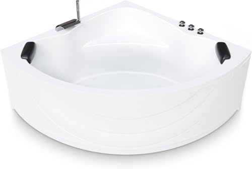 AQUADE Acryl Eckbadewanne 150x150 Modell: Kassel - Weiß Badewanne Komplettset 150x150 - Badеwanne mit Wannenfüßen + Schürze + Nackenkissen + Wannenrandarmatur