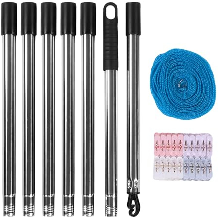 Qcwwy Poste Telescópico de Soporte para Tendedero, Varilla de Soporte para Tendedero de Acero Inoxidable de 2,5 Metros con Estacas para el Suelo, Rejilla de Secado Ajustable para Uso