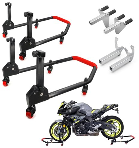 Area1 Motorradständer Set, Hinten & Vorne - 360 Grad drehbar auf Rollen - inkl. 2 Adapter für Diverse Motorräder, bis 300kg, hohe Stabilität und Festigkeit Schwingenadapter Motorradheber (Set2)
