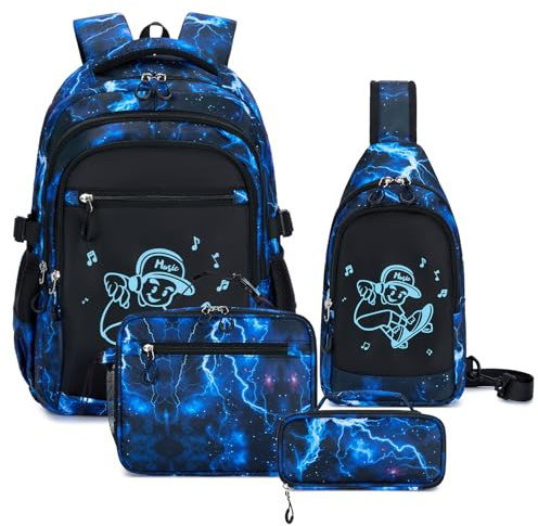 Amythe Mochila Escolar para Niños Adolescentes - Set Completo con Bolso Pecho, Bolsa Almuerzo & Estuche - Mochila Casual para Chicos Adolescente - Impermeable para Cole Ocio, Azul