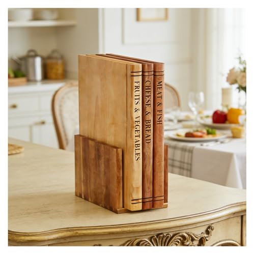 Robuste Lot de 3 Planche à Découper en Forme de Livre avec Support, Planche Cuisine Antidérapante pour Légumes Fruits Viande, Planche à Hacher Compatible Lave-vaisselle en Bois Massif(Beige)