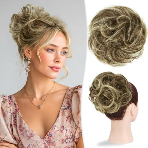 RUWISS Haarteile Echthaar Dutt Große, Messy Bun Echthaar Haarteil Scrunchie Locken Dutt Extension mit Gummiband für Damen 32g Braun gemischt Hellblond