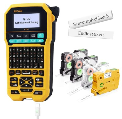 SUPVAN G15M Etiquetadora Industrial con 2 Termorretráctiles & 2 Etiquetas | Compatible Bluetooth/Teclado, Pantalla LCD Retroiluminada, Recargable, para Entornos Industriales, Eléctricos, Mantenimiento