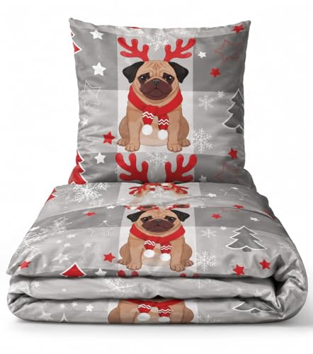Leonado Vicenti 4tlg. Feinbiber Bettwäsche 135x200 Winter Mops Motiv Grau Rot Weiß – Kuschelige Winterbettwäsche mit Schneeflocken & Weihnachtsdesign – Warm Weich mit Reißverschluss