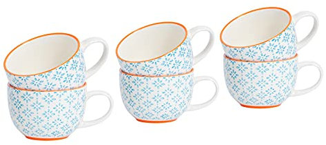 Nicola Spring Cappuccino Cups Set - 250ml - Pack of 6 - Orange Hand Printed Tea Cup Coffee Cappuccino Mugs Latte Drinking Mug Tea Saucer Plates for Breakfast, Lunch, Brunch