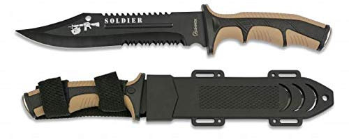 Cuchillo Soldier Coyote Hoja 19 cm para Caza, Pesca, Camping, Outdoor, Supervivencia y Bushcraft Albainox 32406 + Portabotellas de regalo