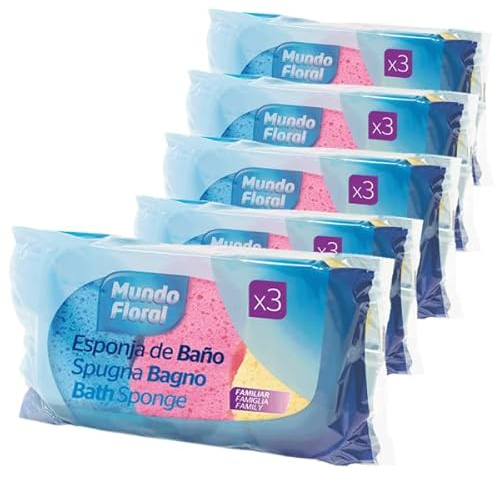 30 Esponjas de baño para limpiar la piel con suavidad envasadas en packs de 3 unidades.