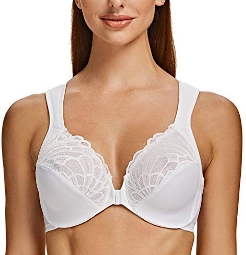 MELENECA Front Fastening Bras for Women Plus Size Underwire Unlined Lace Cup Cushion Strap White 36G