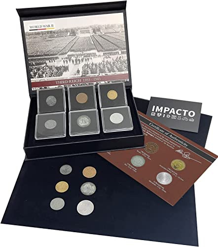IMPACTO COLECCIONABLES 6 historische Reichsmark Münzen aus Deutschland 1936–1945 – Sammlermünzen im Präsentieretui mit Echtheitszertifikat – Münzsammlung zur Deutschen Zeitgeschichte