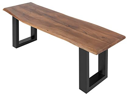 SAM Esszimmerbank 120x42 cm Chicago, Akazienholz nussbaumfarben, Massive Holzbank mit echter Baumkante, Baumkantenbank mit U-Gestell Schwarz, Sitzbank mit 26 mm Platte