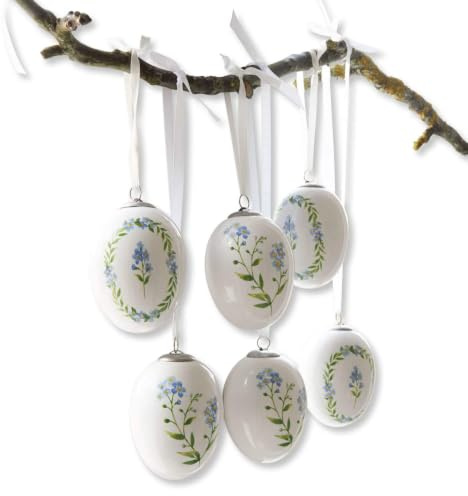 Loberon Osterei 6er Set Fierolla, weiß/blau | zart & nostalgisch - feiner Vergissmeinnicht-Print - Vintage-Design - Deko-Eier - Ostern - Osterdeko - Osterschmuck