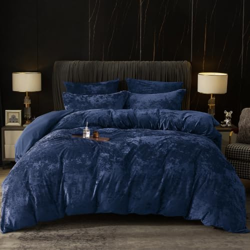 PHF Samt Bettwäsche 135x200, Luxus Flauschig Bettwäsche 135x200 cm mit 2er Kissenbezüge 80x80 cm, Kuschel Velvet Bettbezüge, Marine Blau