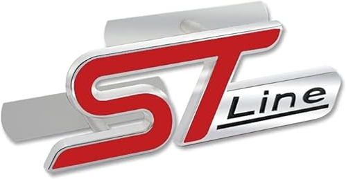 AUTOZOCO Insignia ST Line para Parrilla Coche, Emblema ST Line Parrilla, Insignia Diseño de Coche ST Line, Compatible con Ford, Aleación de Metal, Medidas 10 x 3.5 cm, Rojo y Plata