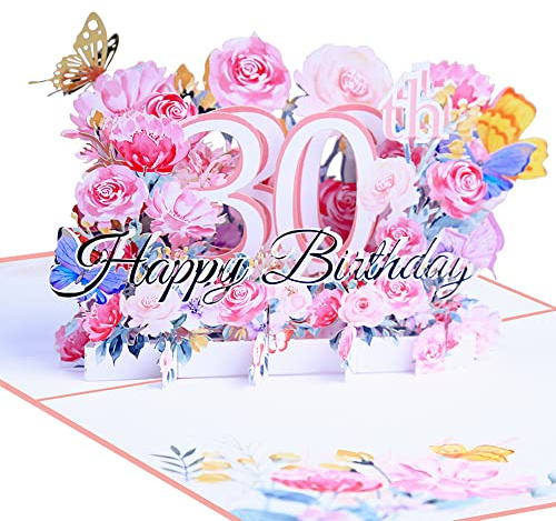 3D Geburtstagskarte zum 30.Geburtstag,Pop Up Karte zur Volljährigkeit Geburtstagsparty,Blumen Rosa,Happy Birthday Grußkarten,Jubiläumskarte Klappkarte,mit Nachrichtenkarte und Umschlag